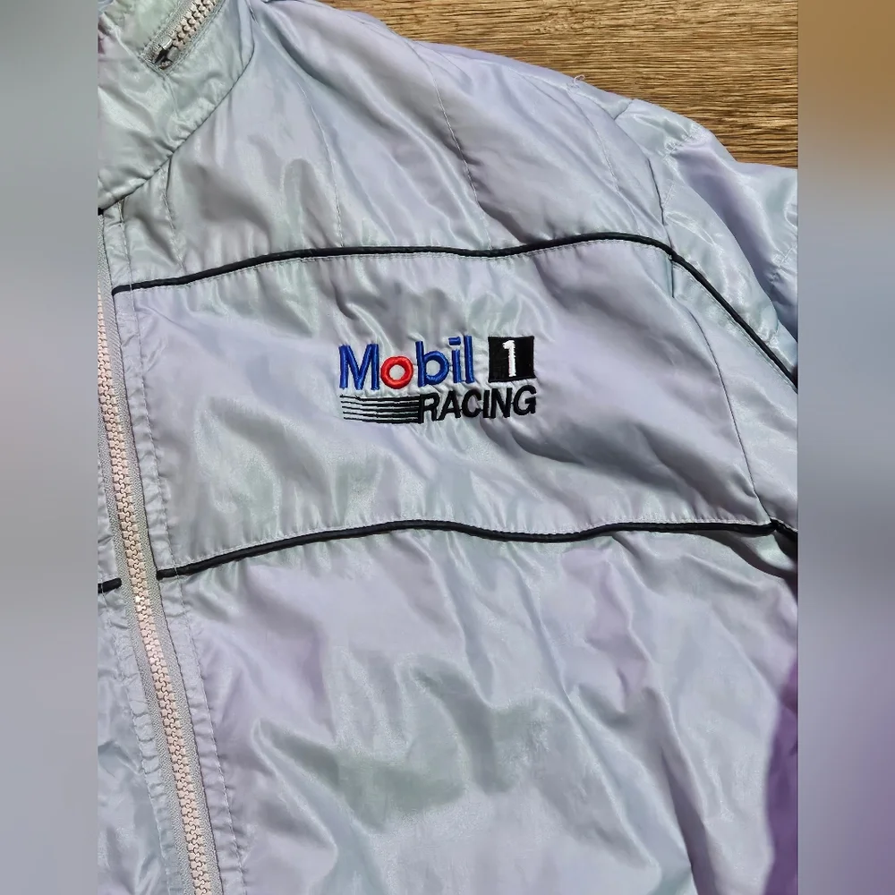 80s Mobil 1 Racing Bomber Windbreaker‎ Hooded Jacket Stange Sz L Gray Korea Vtg